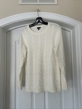 Talbots Cable Knit Crewneck Sweater Ivory Wrist Buttons Size Petite Large