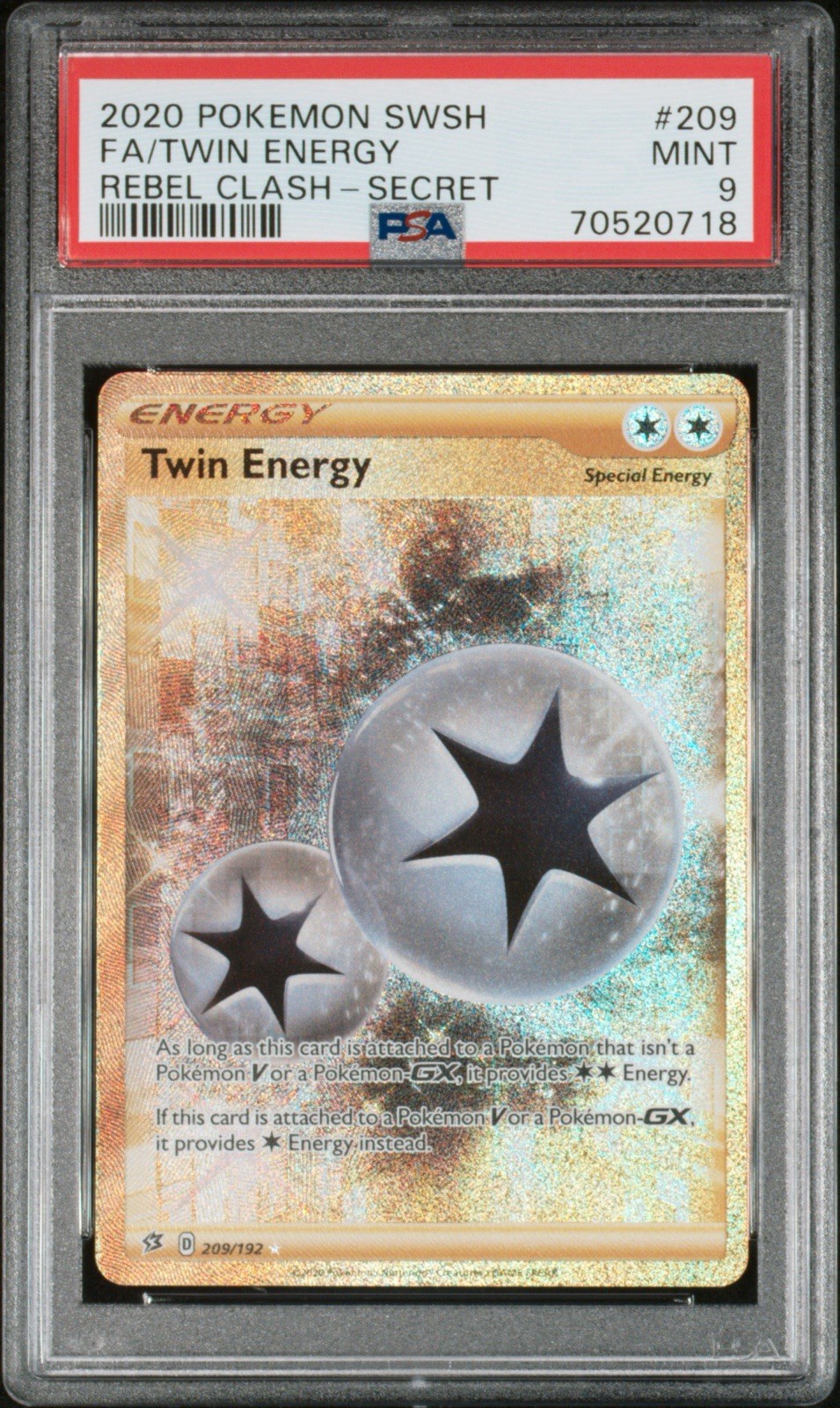 Pokemon! PSA 9 Twin Energy 209/192 - Rebel Clash - Secret Rare Gold - Mint