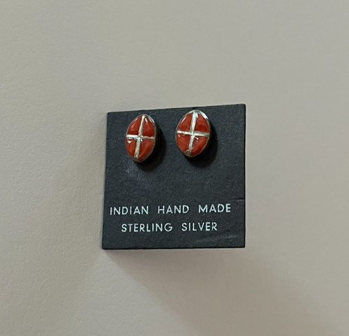 Native American Zuni Hand made Coral Tiny Stud Earrings- Sterling silver