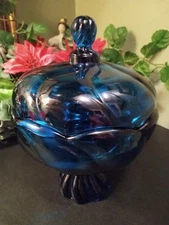 Vintage Viking Glass Covered Candy Dish Epic Twist # 1500 Bluenique 7.5" Decor 