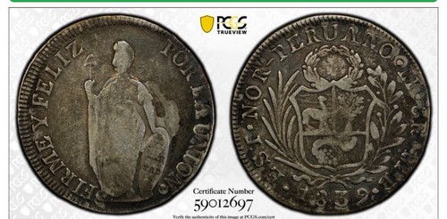 1839 L MB 8 REALES SILVER COIN PERU PCGS VF