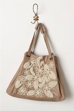 Rare Anthropologie Embroidered Stitched Bellis Tote Leather Bag Taupe Beige Nude