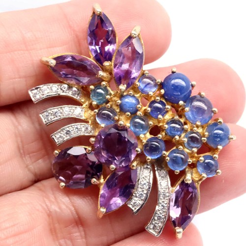 925 Silver Purple Amethyst, Blue Sapphire & White Zircon Two Tone Brooch/Pendant - Picture 2 of 4
