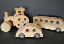 Vintage CREATIVE PLAYTHINGS Wooden Toys Set of 3 Steamroller Car Bus Made in USA