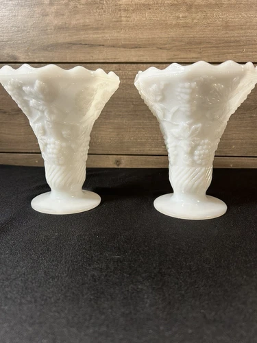 Milk Glass VTG Textured Grape & Leaf Pattern 6” Vases, Set Of 2, Fluted Top, VGC