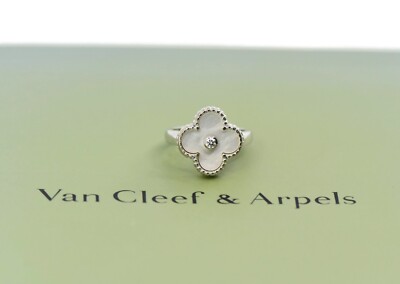 Van Cleef & Arpels & Vintage Alhambra Diamant 18K Weißgold Ring Größe 49
