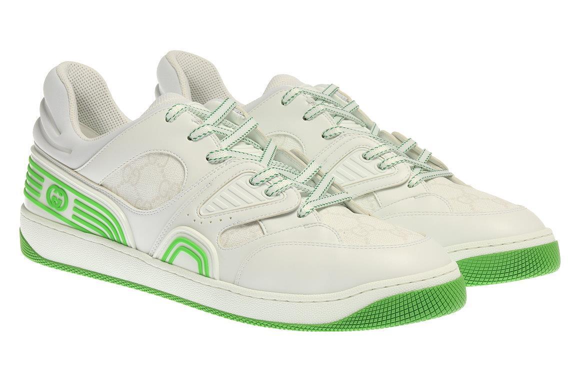 スニーカー GUCCI WHITE AND GREEN LEATHER SNEAKERS NEW GUCCI MEN'S BASKET GREEN WHITE LEATHER LOGO SNEAKERS LOW