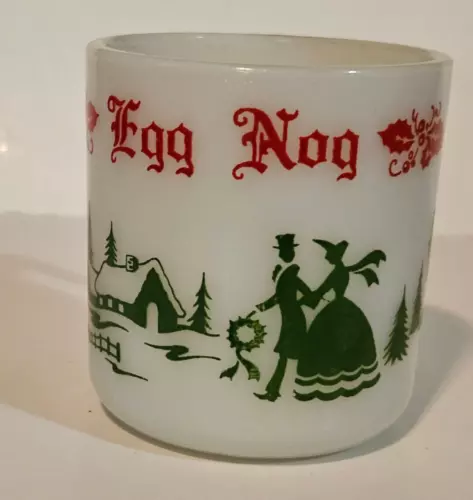 Hazel Atlas Christmas Egg Nog Mug Or Cup Milk Glass W Red & Green Holiday Design