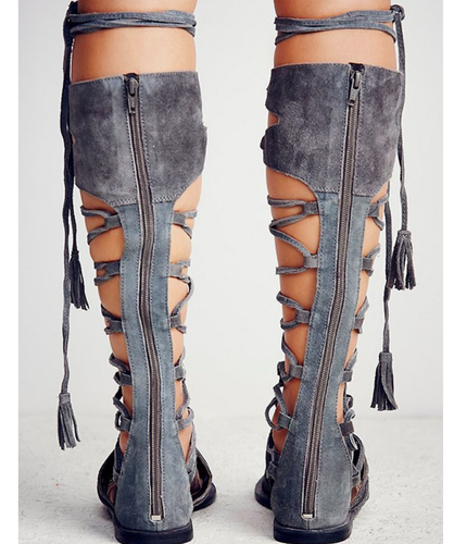 Open Toe Gladiator Sandal Knee High Boot Women Hollow Out Lace UP Roma Suede New - Picture 5 of 13