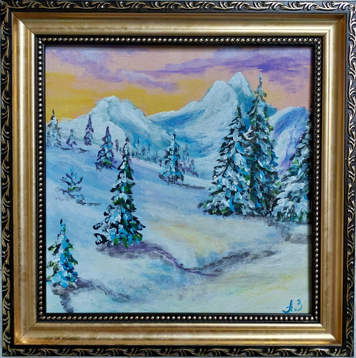 Original Snowy Mountains Painting Winter Landscape Art