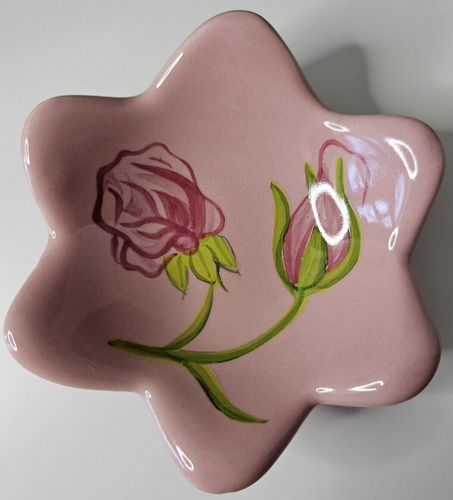 PartyLite Ceramic Candle Plate Set of 3 Roses &Leaves Green Burgundy Pink (Read) - Picture 6 of 11
