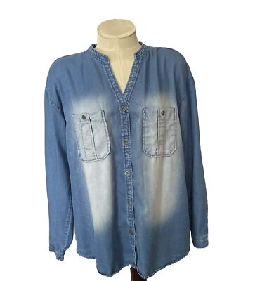 Zenana Women XL Faded Fluid Lyocell-Denim Top Button Pocket Hi-Lo Tunic Blouse