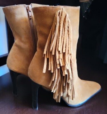 Womens Fringe Suede Boots High Heel Sz 7 Side Zip Predictions Collection