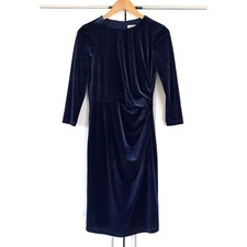 Eliza J Dress Navy Velvet Cocktail Sheath Gathered Waist 3/4 Sleeve Party Size 6