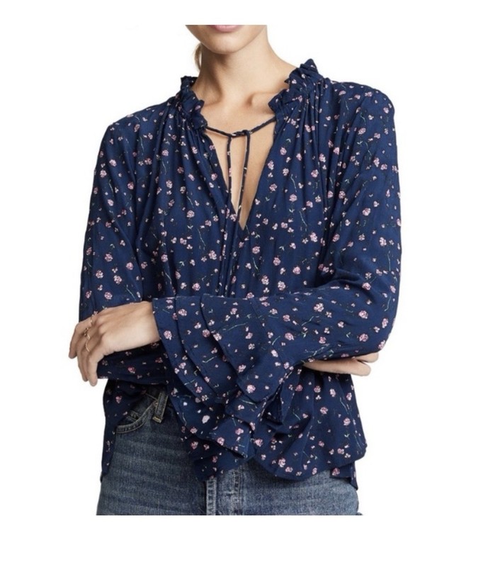 CLEOBELLA Phoebe Ruffle Long Sleeve Floral Blouse Navy Blue Size Medium