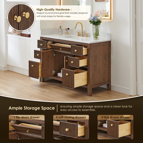 Cerrito 48" Wood Vanity in Brown Brushed Oak Engineered Stone Top no Mirror - Picture 9 of 15