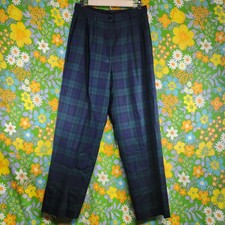 Vintage Pendleton 100 Virgin Wool Plaid Pants Pocket Zip Green Blue Women 12 USA