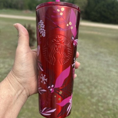 STARBUCKS Holiday 2021 Red Pine Cone Holly Stainless Steel Tumbler W/Pink Straw