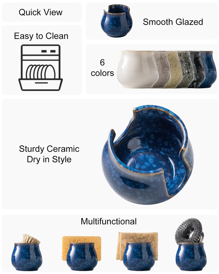Zoeeker Ceramic Sponge Holder, Kitchen Sink Scrubby Caddy Organizer ...