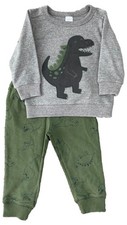 Carters Infant Boys Grey T-Rex Dinosaur Sweatshirt  Green Jogger Sweatpants 12M