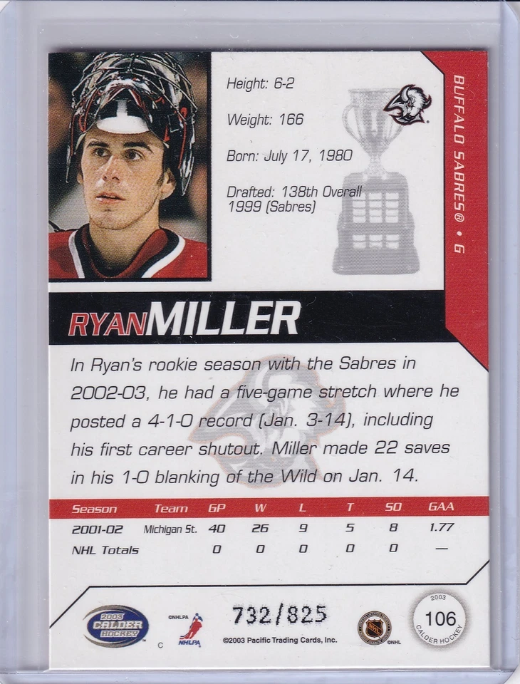 2002-03 PACIFIC CALDER ROOKIE #106 RYAN MILLER 732/825 RC BUFFALO SABRES NHL - Image 2 of 2