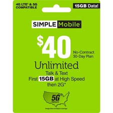 SIMPLE Mobile 40 15 GB Data, Unlimited Talk  Text Plan Physical Delivery 
