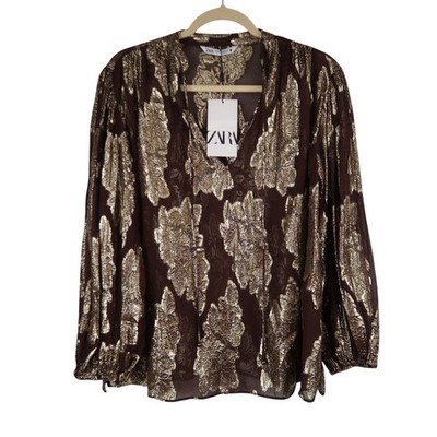 NWT Zara XS Oversized Brown Gold Leaf Print Sheer Blouse With Balloon Sleeves