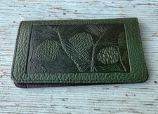 Oberon Designs Pinecones Hand Tooled Embossed Green Leather Checkbook Cover