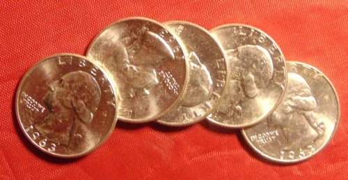LOT (5 COINS) 1963 D Washington 25C Silver Quarter Dollars, UNC BU!