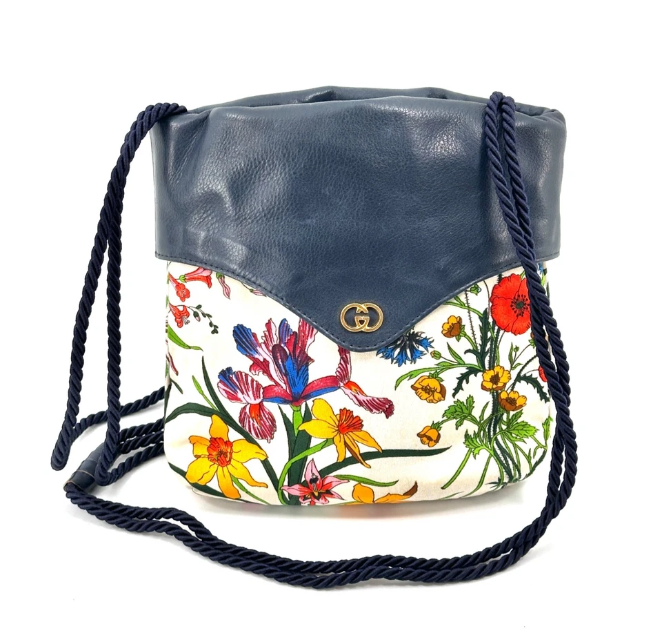 Auténtico Bolso Bandolera GUCCI Flora De Colección Lona Cuero Hombro Azul Marino Foto 3 de 4