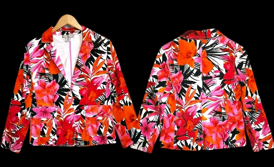 Chaqueta Blazer Mujer Caribbean Joe Talla M Roja Negra Rosa Naranja Tropical Floral Foto 2 de 4