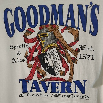 Vintage 1991 Goodmans Tavern Chester England Xl Mens White Graphic Logo Tshirt