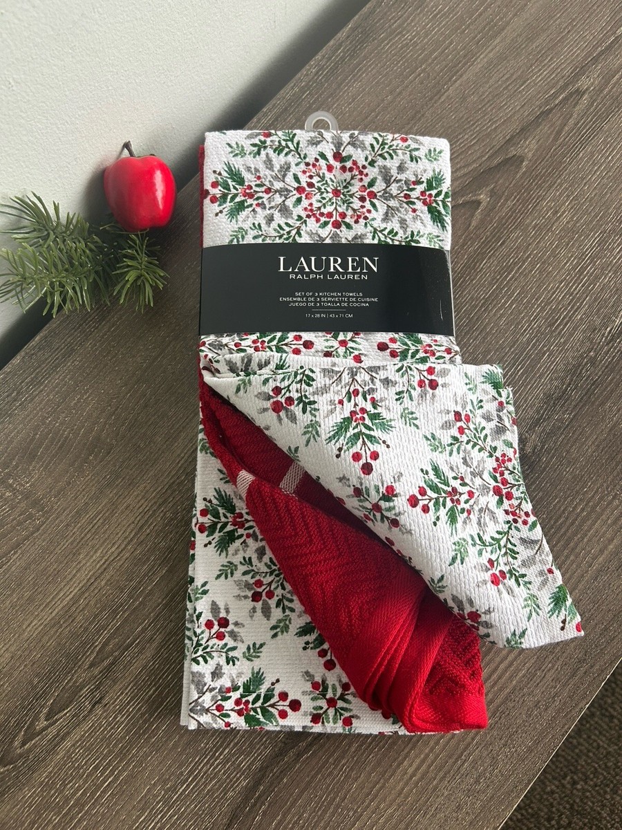 RALPH LAUREN Holiday Christmas 100% Cotton Kitchen Towels Set of 3