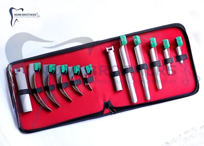 SET OF 10 FIBER OPTIC MAC & MILLER LARYNGOSCOPE BLADE+2 HANDLE INTUBATON kit