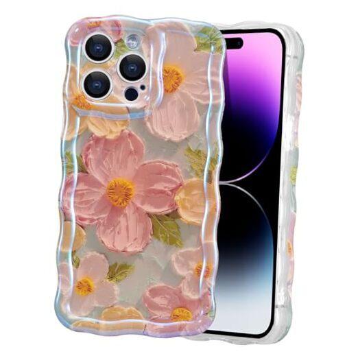 Case for iPhone 14 Pro Max, Colorful Retro Oil Painting Printed Flower Laser