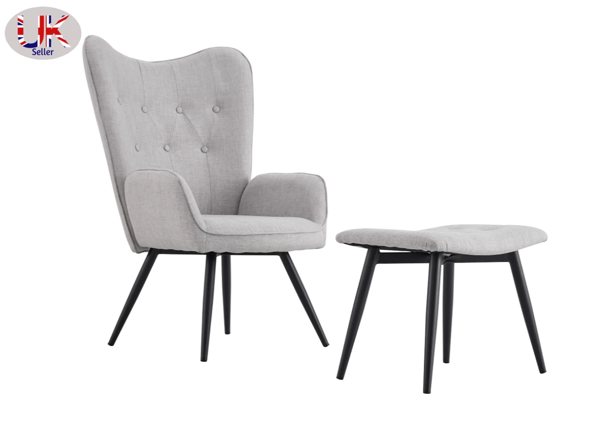 Curved Backrest Chair With Matching Footstool Linen and Foam Armchair Black Legs