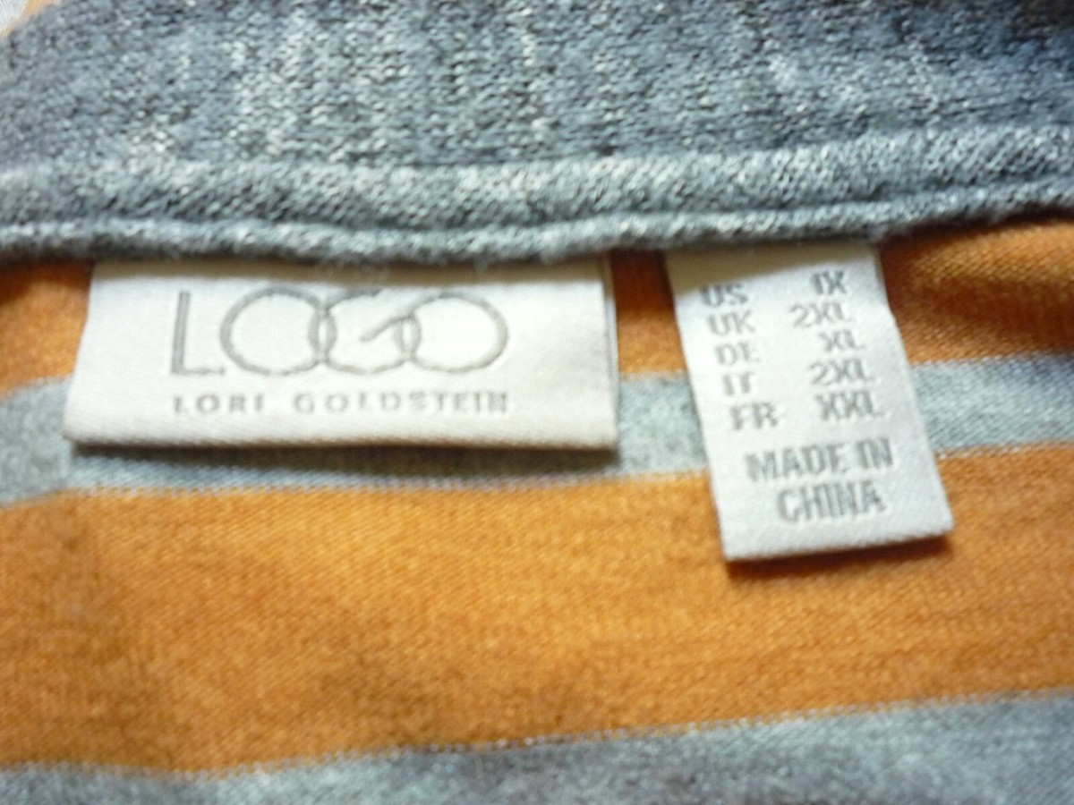 LOGO LORI GOLDSTEIN QVC HENLEY NECK TUNIC KNIT TOP, SZ-1X-STRIPE