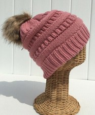 New Winter Thick Knit Warm Lined Faux fur Pom Stretchy Ski Beanie hat Pink G