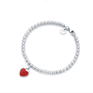 Tiffany & Co Sterling Silver Red Enamel Heart Tag Pendant Bracelet 17CM