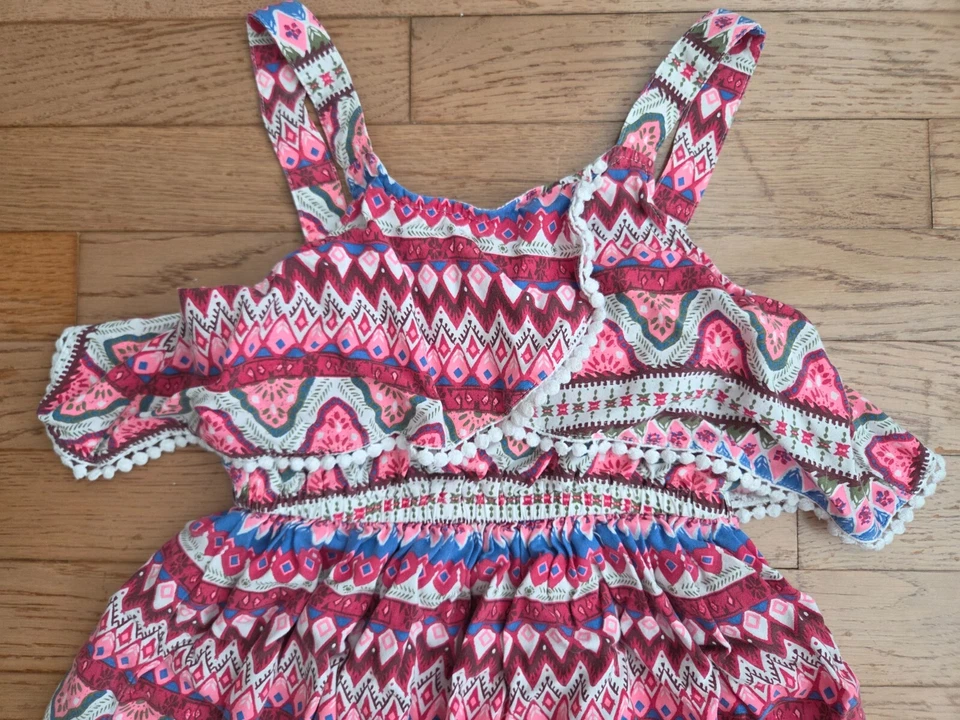 Maxi Vestido Niñas Mudd Talla 10 Rayas Geométricas Correas Ajustables Volantes Foto 3 de 4