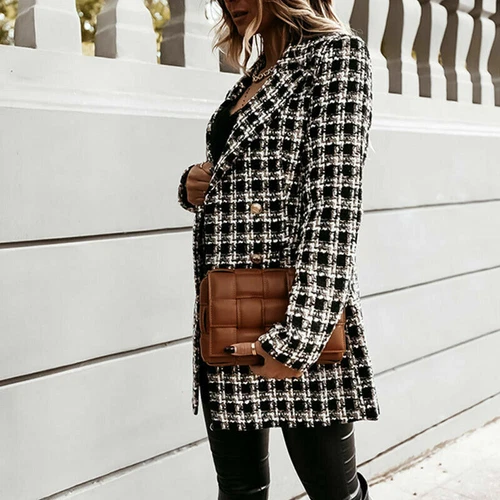 Women's Stylish Check Print Wool Blazer Coat Ladies Long Sleeve Collared Jacket - Picture 51 of 52