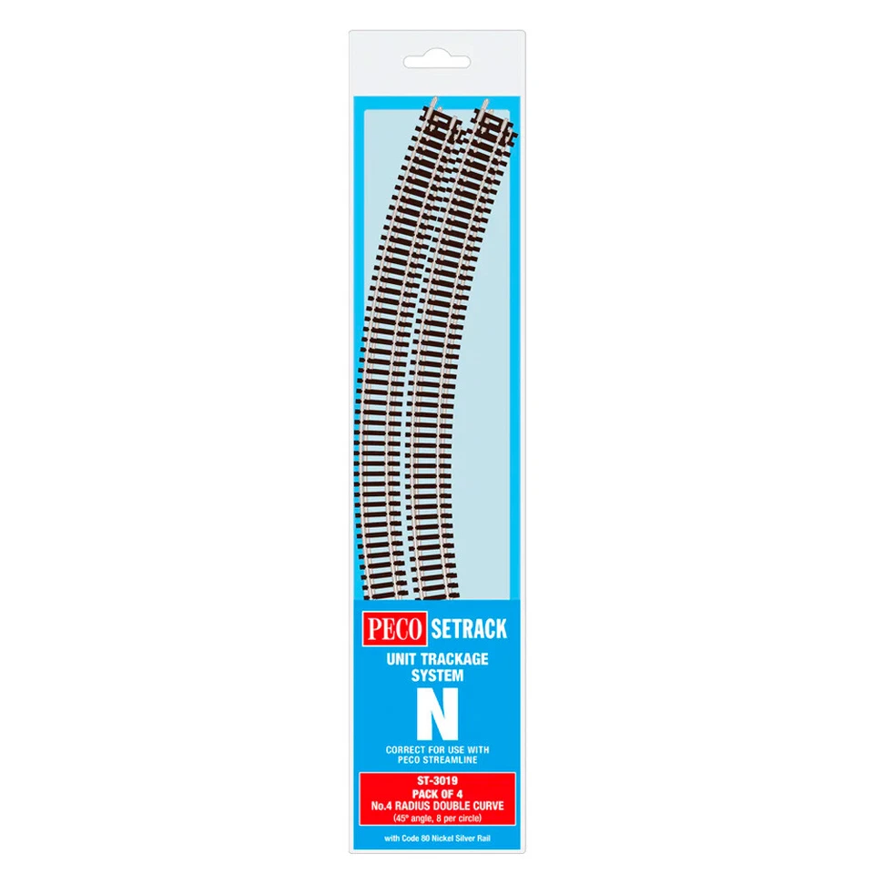 PECO ST-3019 No.4 Radius Double Curve 333.4mm 4-Pack Code 80 Setrack N Track
