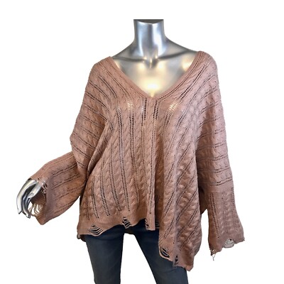 POL Women's Large Oversized Sweater Double V Neck Boxy Distressed