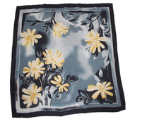 Ladies Black Gray w/ Yellow Flower Print 100 Silk Large Square Scarf