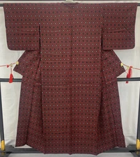 Japanese Vintage Kimono Silk Red Tumugi No Lining Traditional  Length 60 in
