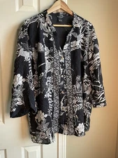 3X Citron Santa Monica black and white floral print blouse Asian Print
