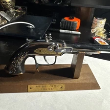 Antique Flintlock Pistol Lighter Brass/Gold/Silver w/ wooden stand JAPAN