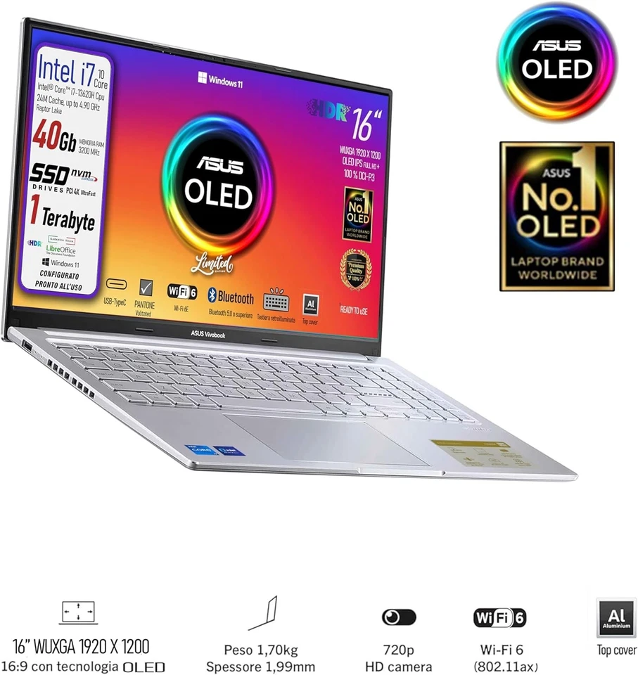 ASUS Vivobook Intel i7 13620H SSD 1TB RAM 40GB 16" OLED Retro Pantone Win11 - Immagine 3 di 4