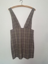Zara Pinafore Mini Dress Size S Beige Women’s Houndstooth Plaid Sequin Short