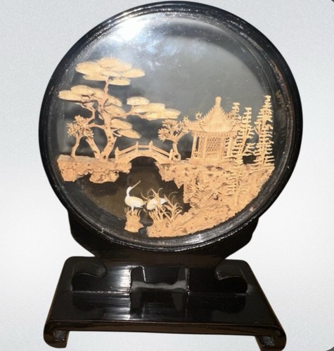Vintage Chinese Carved Cork Art Diorama ~ Black Lacquer Cranes Pagoda - Picture 3 of 7